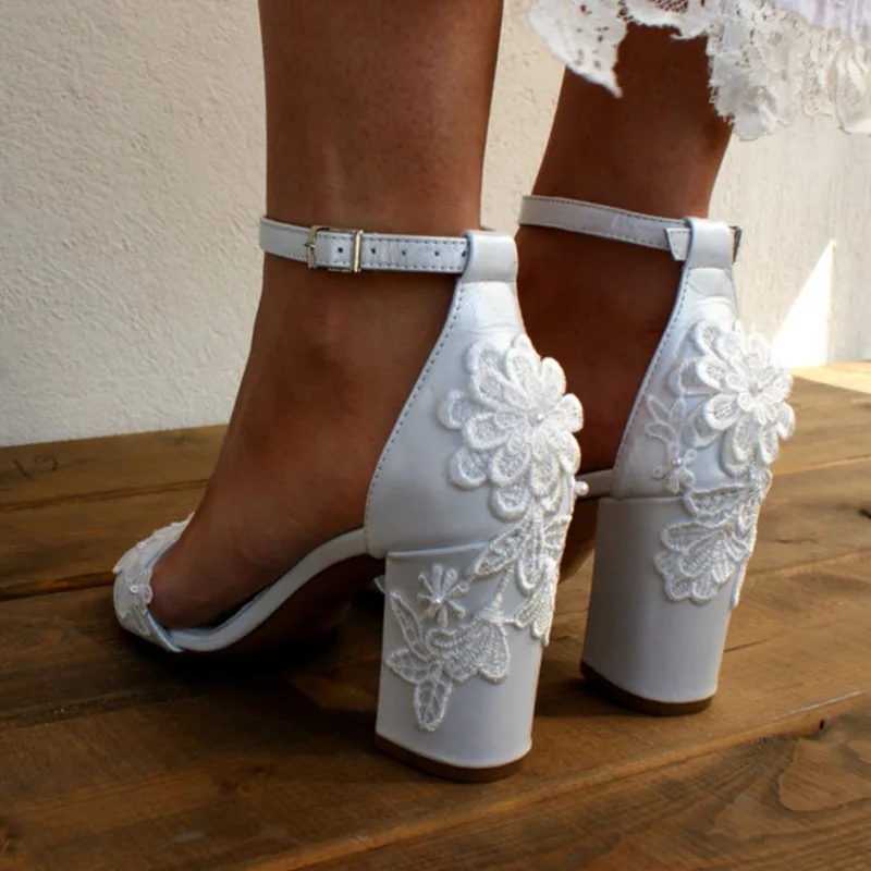 33 - 43 8cm High Heel White Wedding Shoes Women Block Heel Lace Satin Summer Sandals image 6