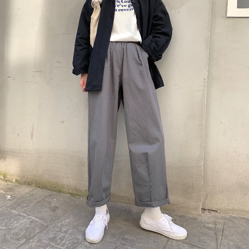 

Women Autumn Gray Long Wide Leg Pants 2021 New Elastic High Waist Loose Straight Casual Midi Trousers Japan Style