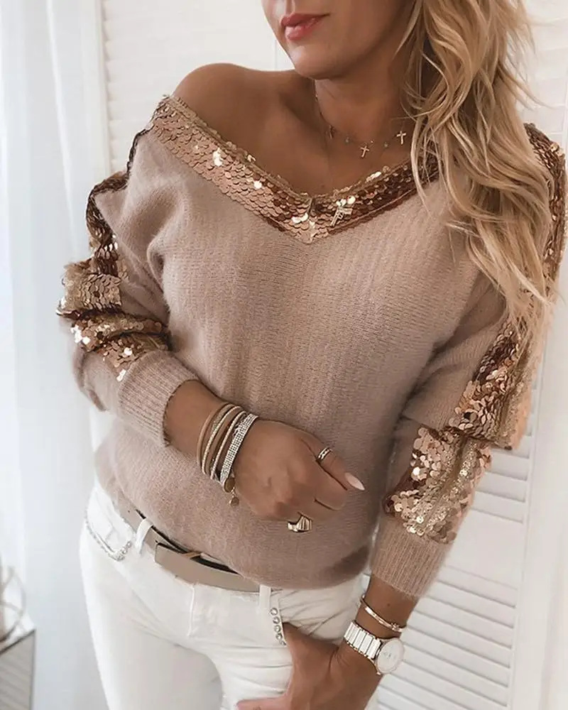 

Women Fashion Elegant Casual Patchwork Long Sleeve Sequins Fluffy Long Sleeve Sweater