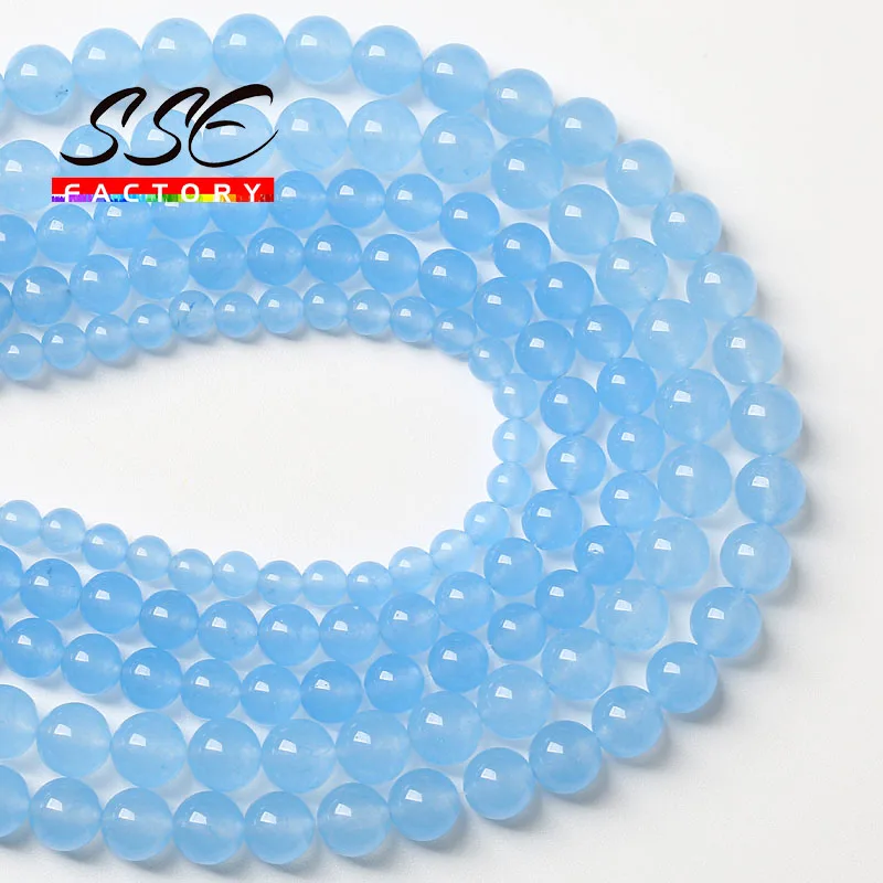 Natural Aquamarine Blue Jades Beads For Jewelry Making Round Loose Beads DIY Bracelet Necklace Accessories 4 6 8 10 12 14mm 15\'\'