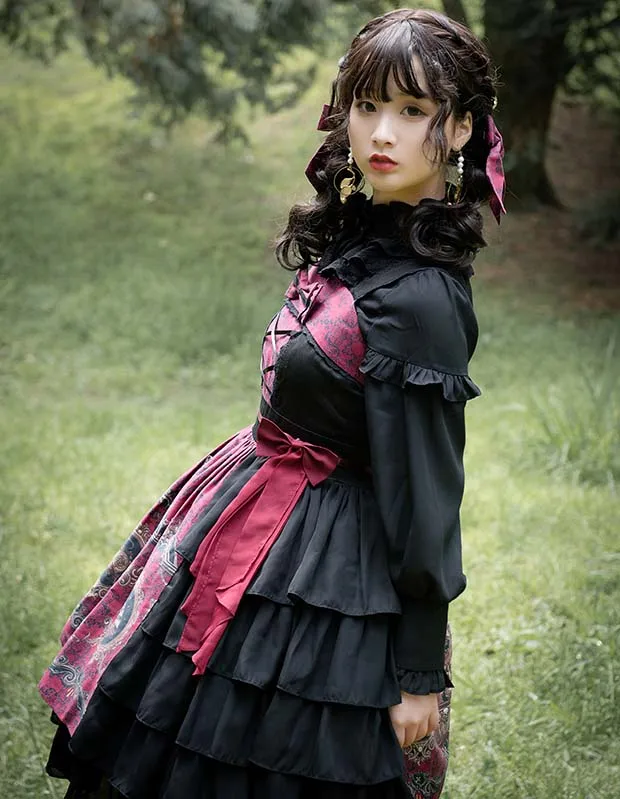 Robe de princesse gothique lolita pour filles, tenue vintage falbala taille haute imprimée style victorien, kawaii, lolita jsk loli