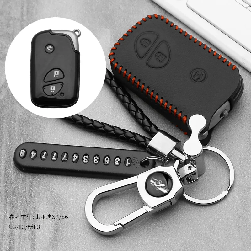 Leather car Key fob Cover case shell holder sticker For BYD S6 S7 G3 L3 M6 L6 E6 F0 F3 3 button Smart Remote key