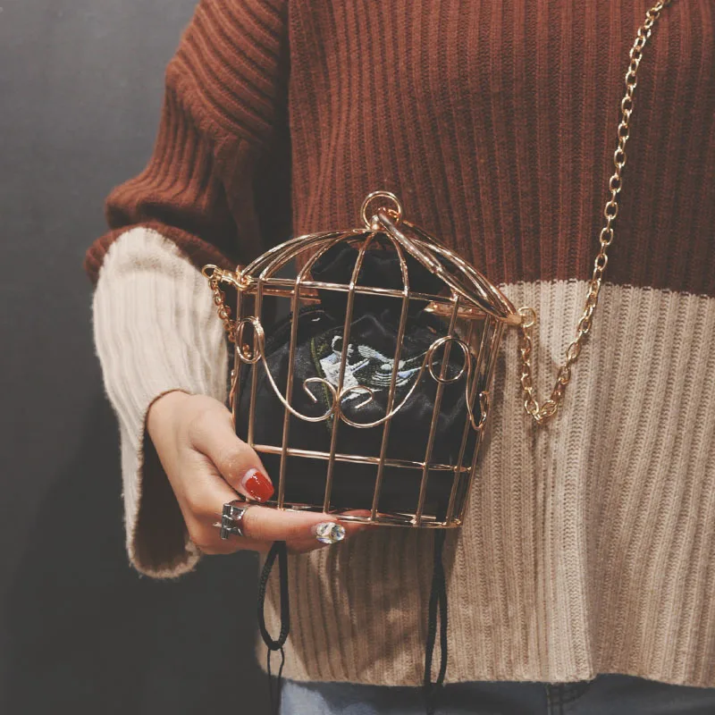 Women\'s Birdcage Evening Bag Clutch Metal Frame Embroidery Bucket Bird Cage Mini Bag Purse Women Gold Tassel Handbag