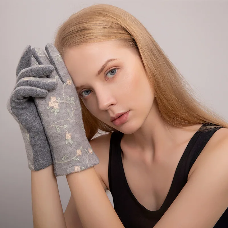 Guantes finos de invierno para mujer, manoplas suaves y elegantes para mantener el calor, con pantalla táctil, mezcla de cachemir y flores bordadas