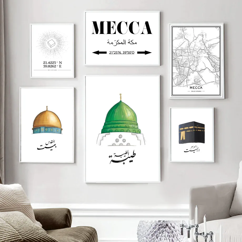 Map of Mecca Mosque Islamic Muslim Landscape Wall Art Canvas Painting Nordic Poster And Print Wall Picture For Living Room Decor