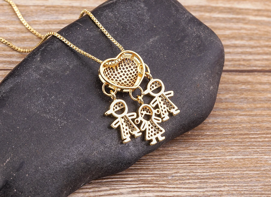 Nidin Heißer Verkauf Sohn Tochter Herz Vergoldet Zirkonia Familie Mädchen Junge Anhänger Halskette Kette Schmuck Für Mutter Geschenk – Detail 9