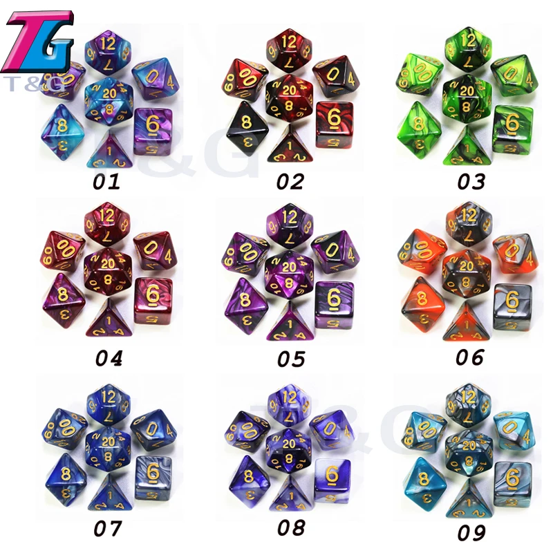 DnD 2-Colors Dice Sets High Quality Game Pieces with Gold Numbers 7PCS/set