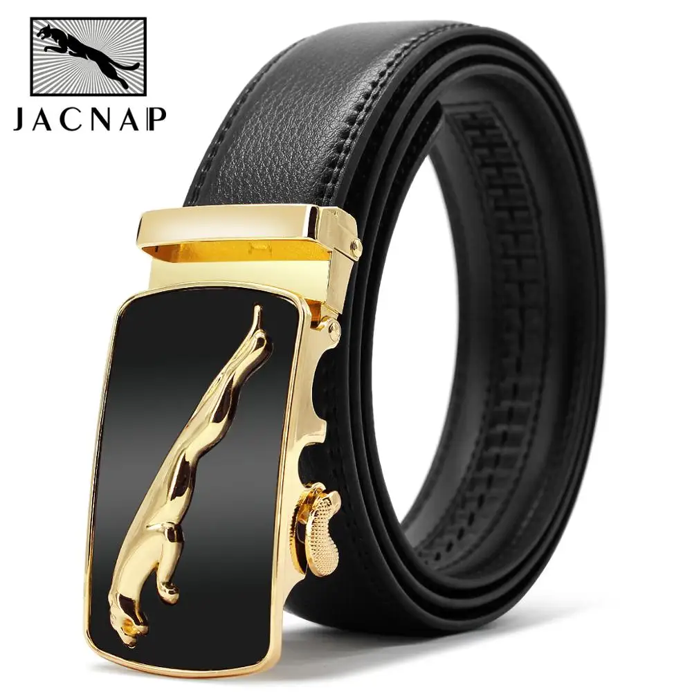 JACNAIP Men Leather Belt Black Gold Leopard Automatic Buckle Belts Genuine Cow Leather Adjustable Ratchet Belt For Men 3.5cm