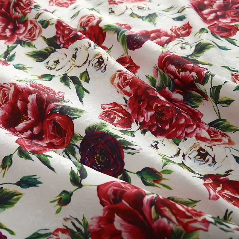 145cm Width Fashion Peony Rose Flower Printed Thin Jacquard Fabric For Woman Dress Coat Tissu Tela Хлопок материал DIY Cloth