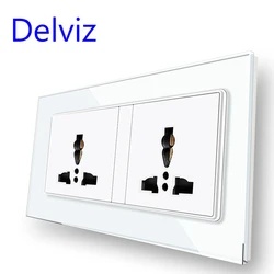 Delviz Tempered Glass Socket, 146mm*86mm double jacks Rectangular Outlet, AC 110V~250V, Wall Embedded 16A Universal power socket