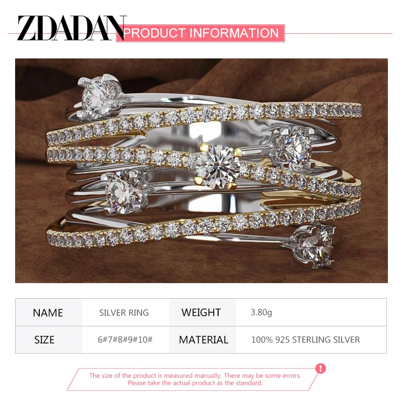 ZDADAN 925 Sterling Silver Multi Layer Zircon Finger Ring For Women Fashion Wedding Jewelry Gift