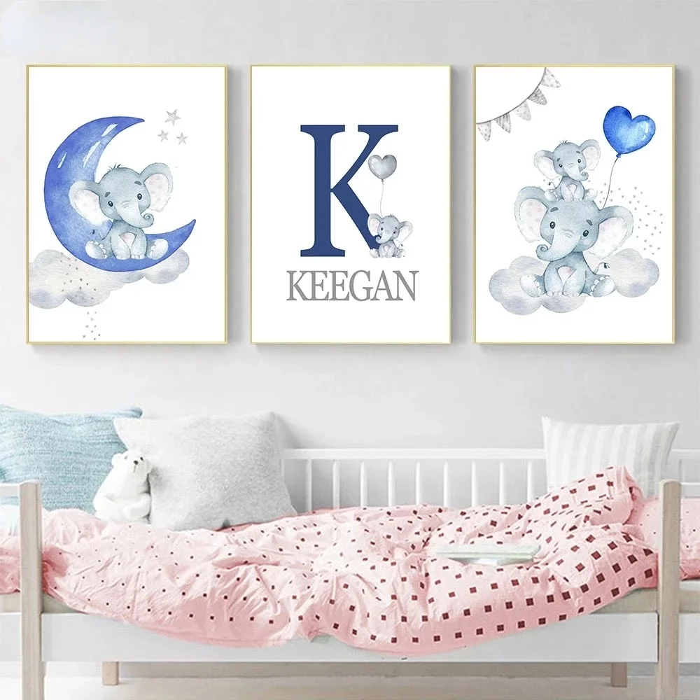 

Blue Moon Balloon Elephant Custom Name Canvas Painting Posters and Prints Canvas Wall Art Paintings for Baby Kids Bedroom Decor