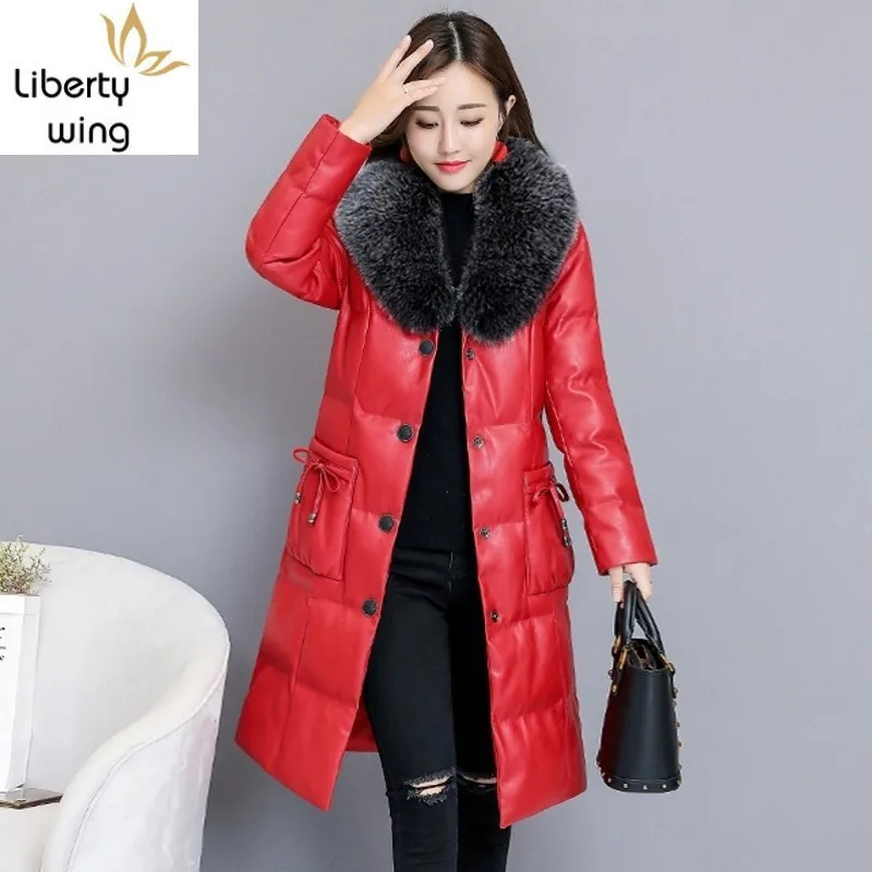 Faux Fox Fur Collar PU Leather Jacket Womens Elegant Luxury Plus Size S-4XL Ladies Long Parkas Coat Slim Fit Warm Winter Clothes