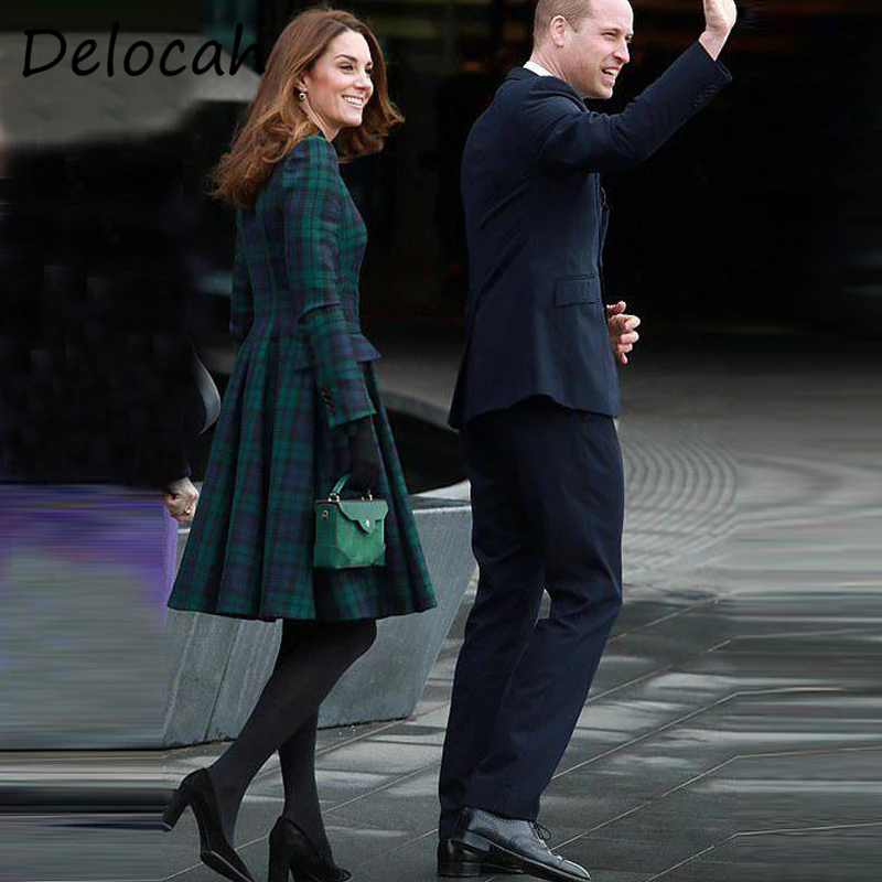 Delocah ใหม่ฤดูใบไม้ร่วงแฟชั่นสำหรับผู้หญิง Designer Party Midi Dress Princess Kate แขนยาวลายสก๊อตพิมพ์สุภาพสตรี Elegant A-Line Dresses