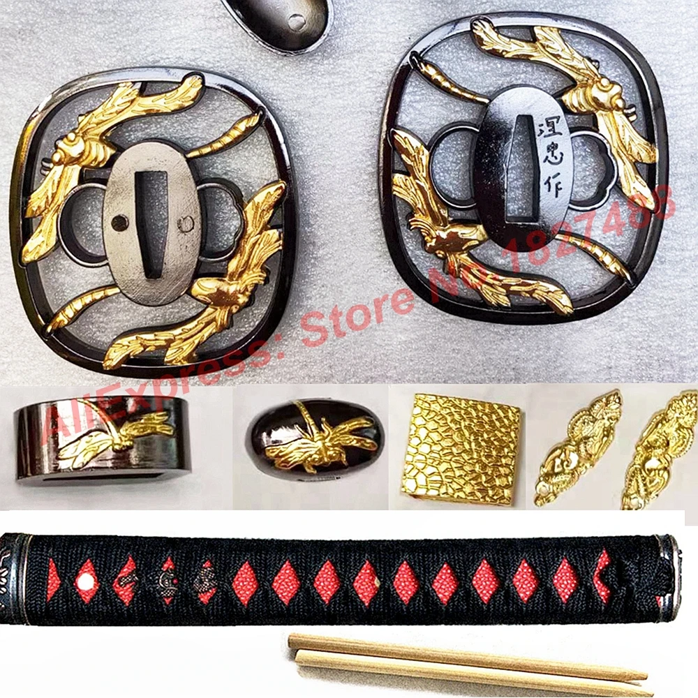 A Set Dragonfly Theme Fittings Sword Hand Guard For Katana/Wakizashi/Tanto Tsuba+Menuki+Fuchi+Kashira+Habaki+Seppa+Handle