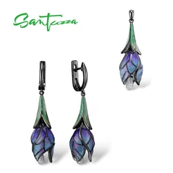 SANTUZZA Silver Jewelry Set for Women 925 Sterling Silver Purple Flower Earrings Pendant Set Trendy Fine Jewelry Handmade Enamel