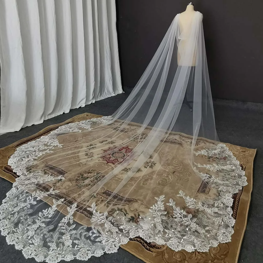 Bling Sequins Lace Long Wedding Cape Scallop Real Photos 3.5 Meters Shoulder Veil New Bridal Bolero Wedding Accessories