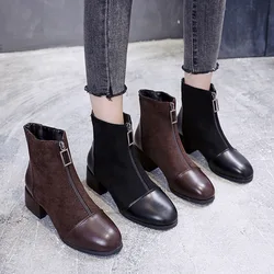 2021 Black Brown Western Ankle Boots Women PU Leather High Heel Booties Heels Short Motorcycle Shoes Ankle Boots For Women 563