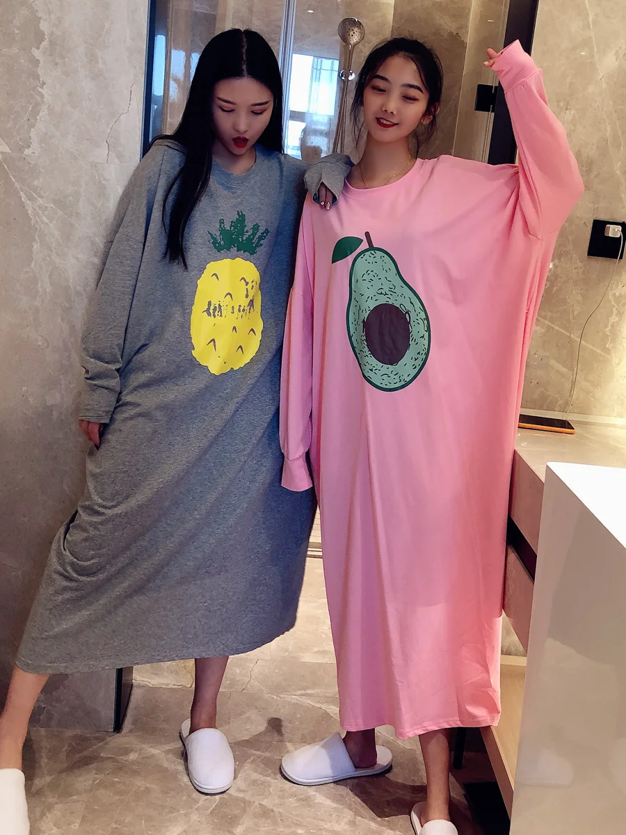 Big And Wide Cartoon Long Night Dress Women Long sleeve  Nightgown Oversize Sleepshirts Nightie Nightdress Cotton Sleepwear