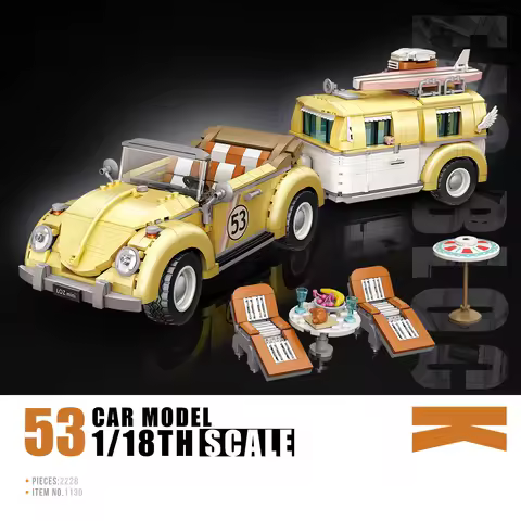 Idea 1:18 Scale Das Auto Beetles Trailer Rv Mini Block Construction Car Model Figures Caravans Building Bricks Toys For Kid Gift