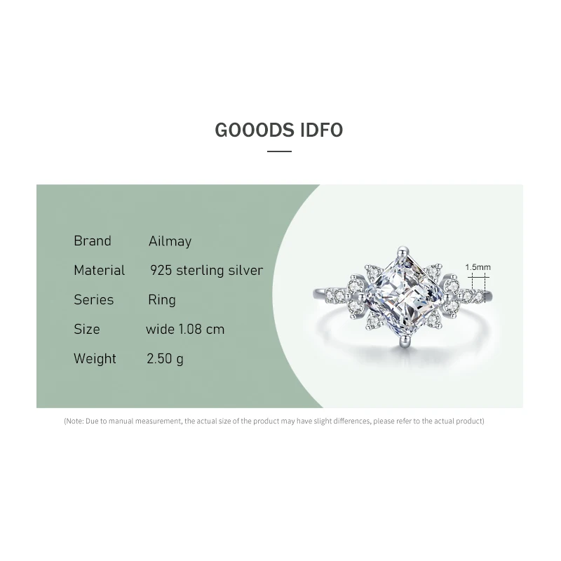 Ailmay Real 925 Sterling Silver Elegant Romantic Princess Square AAAAA Dazzling CZ Rings For Women Luxury Wedding Jewelry Gift