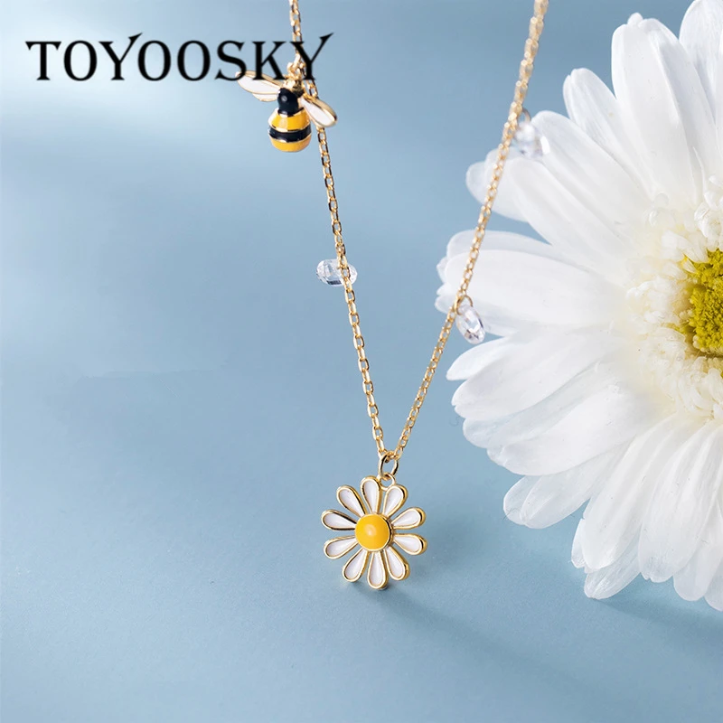 925 Sterling Silver Choker Necklaces for Women Honey Bee Daisy Flower Gold Color Necklace Cute Kids Girls Birthday Gifts