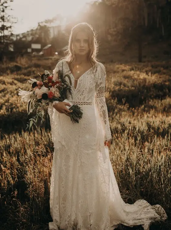 Robes de mariée vintage en dentelle au crochet avec manches longues, sirène à col en V, hélicoptère, pays de l'Ouest, cowgirl bohème, mariée, quoi que ce soit, 2021