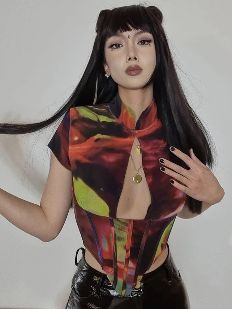 NewAsia Tie Dye Corset Top Hollow out Boned 2 Layer Mandarin Collar Zipper Short Sleeve Print Blouses Women Sexy y2k Crop Top