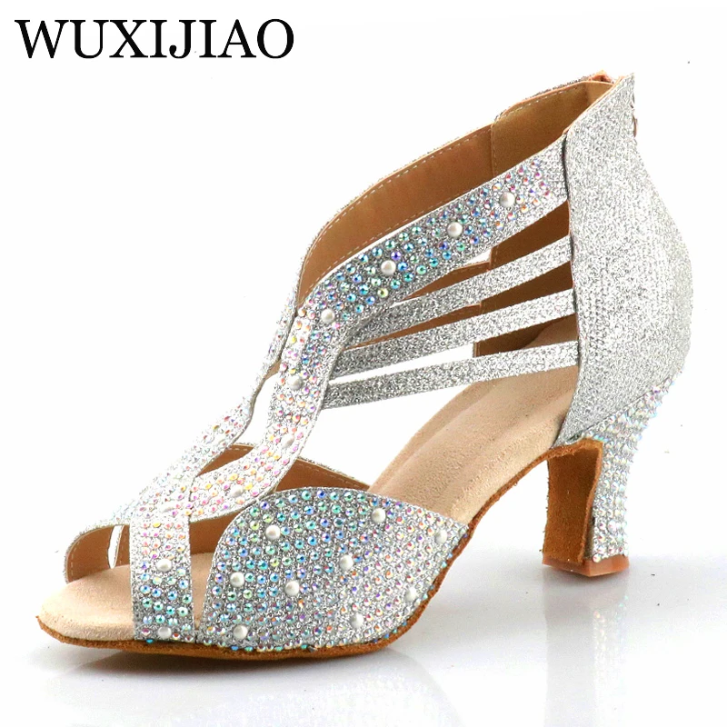 WUXIJIAO New Latin Dance Shoes Tango Salsa Rumba Samba Teaching Shoes Soft Sole Rhinestone Women's Wedding High Heels 5CM-10CM