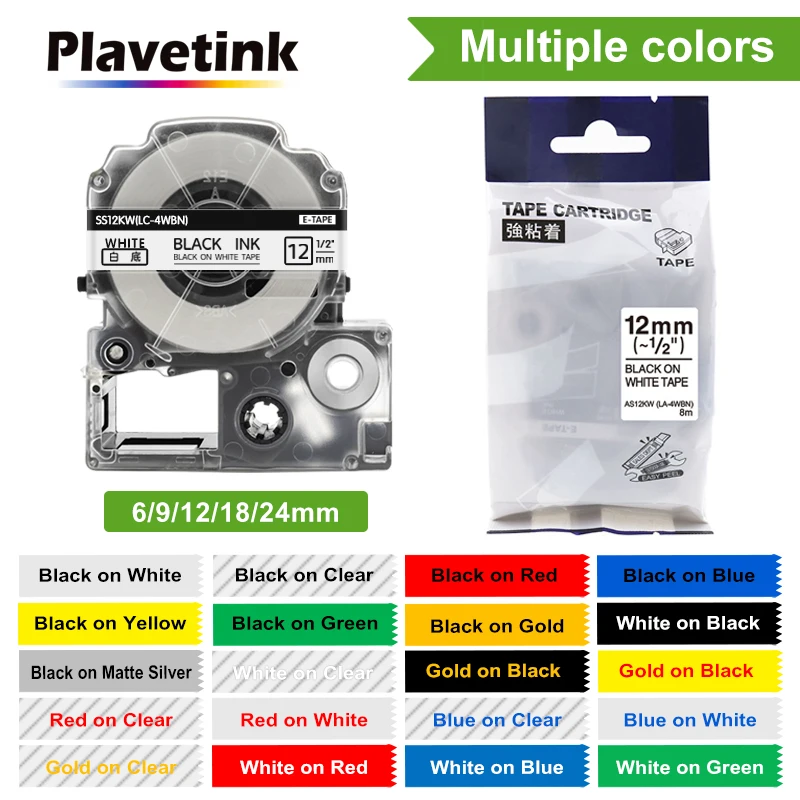 

Plavetink 1PC SS12KW Label Tape for LK-4WBN LC-4WBN LC 4WBN9 SS12KW 12mm Cartridge Compatible for Epson LabelWorks LW-300 400