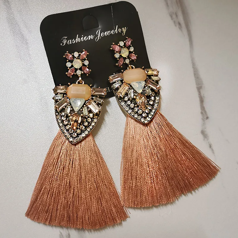 Bohemian Pink Long Tassel Earrings Vintage crystal Flower Drop Dangle Earrings For Women Wholesale Wedding christmas Jewelry