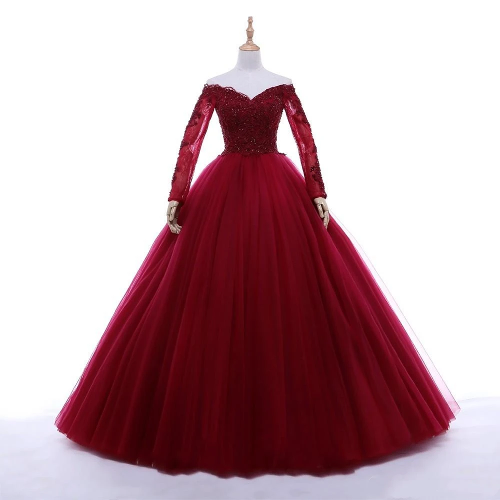 2021 Wine Red Ball Gowns Prom Dress For Sweet 16 Off The Shoulder Illusion Long Sleeve Lace Beaded Sequins Graduation Dress