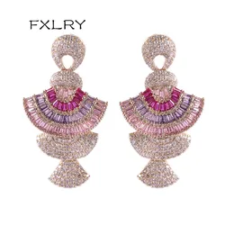 FXLRY High Quality Fashion Cubic Zirconia Three-dimensional Gradient Pink Fan-shaped Earrings For Women Wedding Jewelry