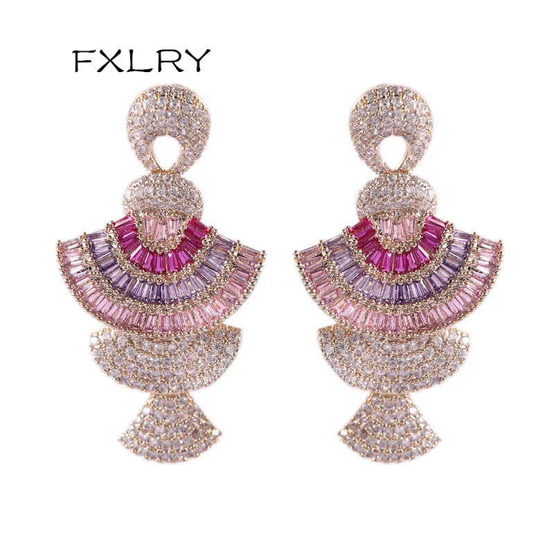 FXLRY High Quality Fashion Cubic Zirconia Three-dimensional Gradient Pink Fan-shaped Earrings For Women Wedding Jewelry