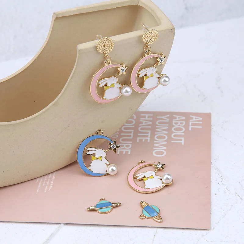 10 pcs/bag Enamel Charm Star Moon Rabbit with Pearl Mini Saturn Satellite Charms Pendant For Girl Earrings Jewelry Making Dangle