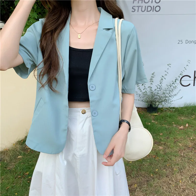 Blazer Wanita Solid Tipis Kancing Sebaris Wanita Kantor Lengan Pendek Blazer Streetwear Gaya Korea Kasual Harian Bergaya Retro Chic