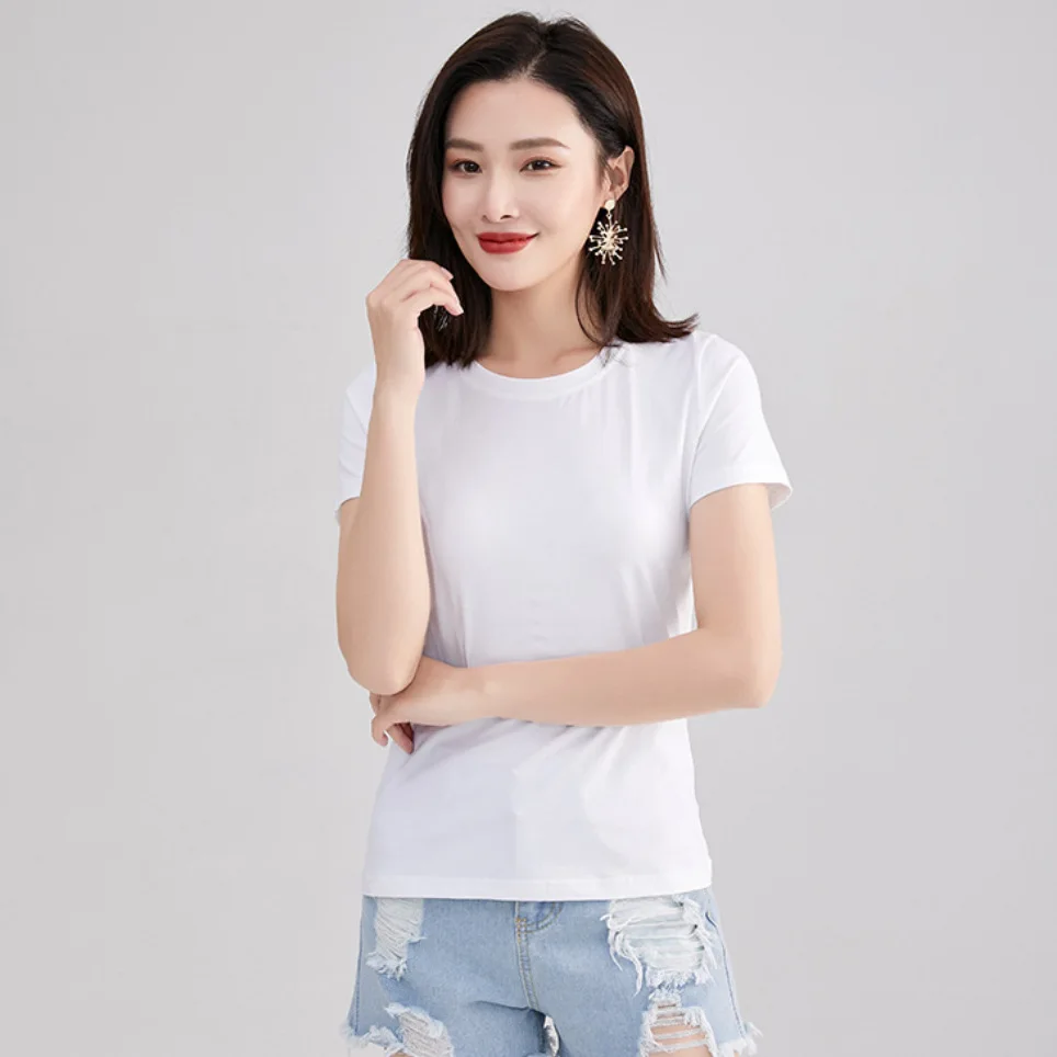 Musim Panas Wanita Lengan Pendek Katun Putih Tshirts Fashion 2020 Wanita Kasual Slim O-Leher Celana Pendek Lengan