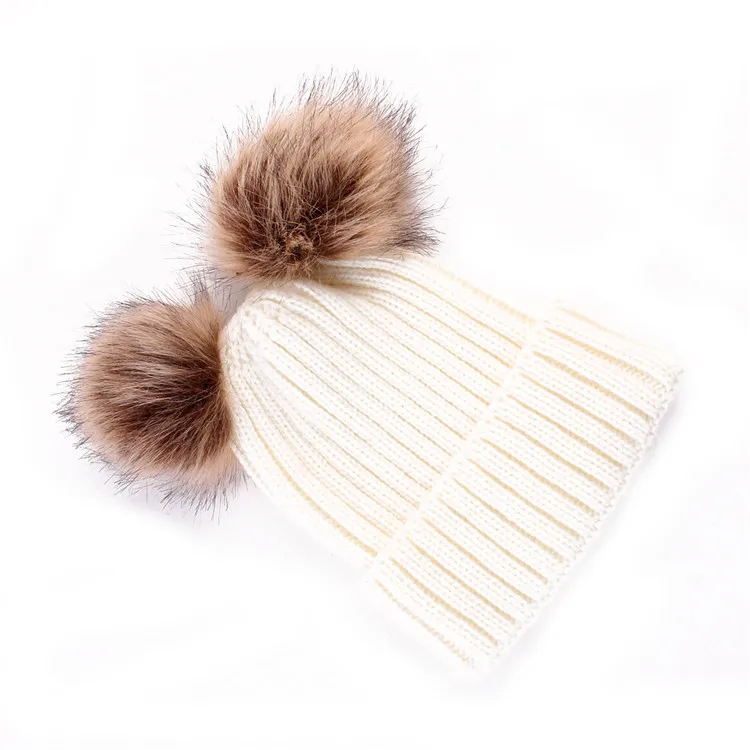 Women Winter Knitted hat Parent-child Baby Girl Cute Thick warm 2 Pom pom Beanies Cap Striped Skullies