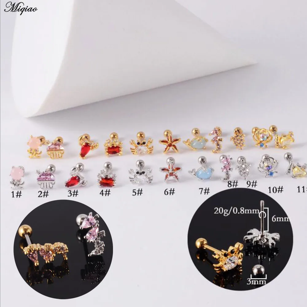 

Miqiao 2pc Stainless Steel Thin Rod Threaded Earrings Zircon Earrings Starfish Crab Ear Bone Nails Fashion Jewelry