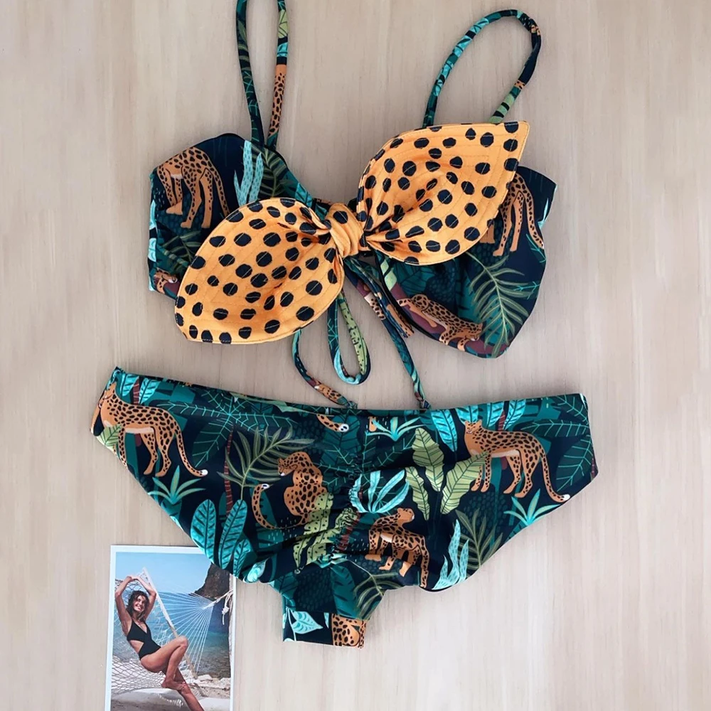 Sexy Leopard And Leaves Print Bikinis Set Women Swimsuit Dot Bow Biquini Set Low Waist Brazilian Bathing Suit Beachwear Female