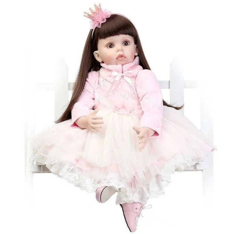 28 Inch Simulation Silicone Doll Handmade Black Eye Long Hair Rebirth Doll Cute Soft Sleeping Baby Toy Early Education Gift