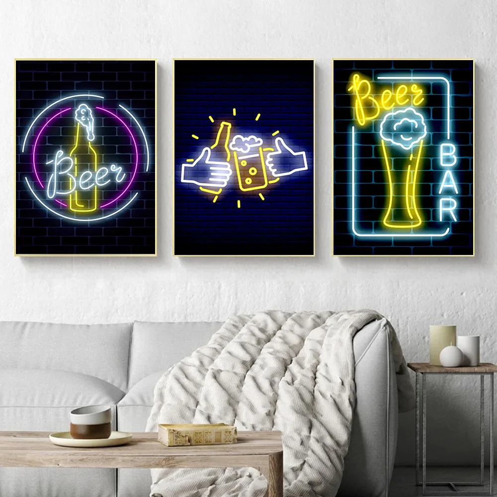 Cheer Art Painting Beer Bar Canvas Painting Vinatge Neon Beer Cup Oil Painting Retro Posters and Prints Home Wall Decoration