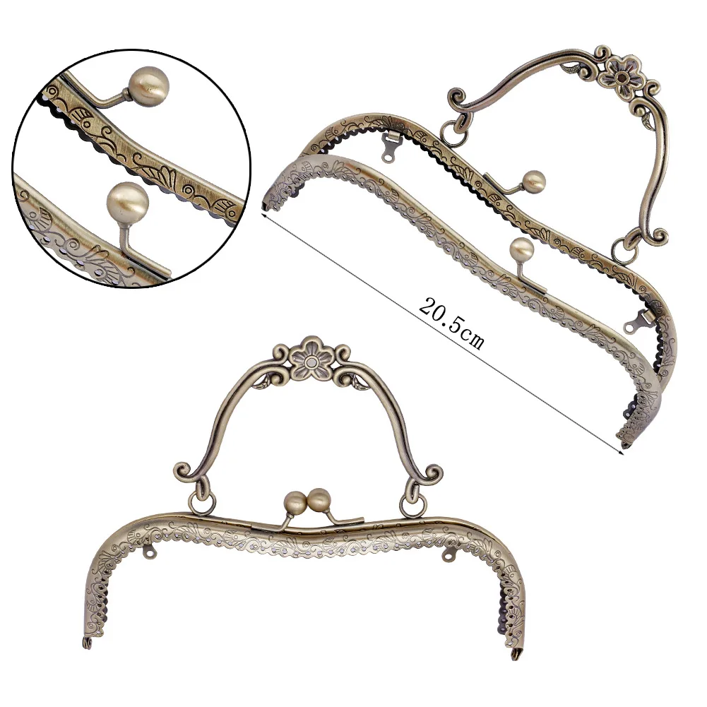 Vintage Metal Purse Frame 20.5cm Vintage Elegant Women Clutch Bag Kiss Clasp Lock with Handle DIY Hardware Accessories