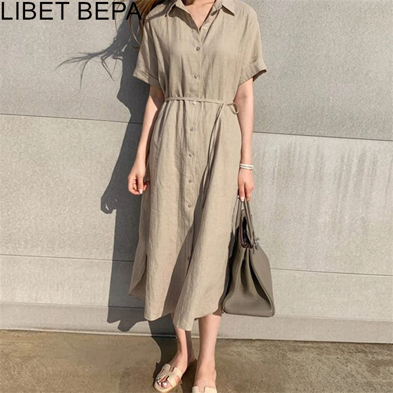 2021 New Women Summer Shirt Dresses Casual Single Breasted Buttons High Waist Lace Up Cotton and Linen Split Long Dress DR1670