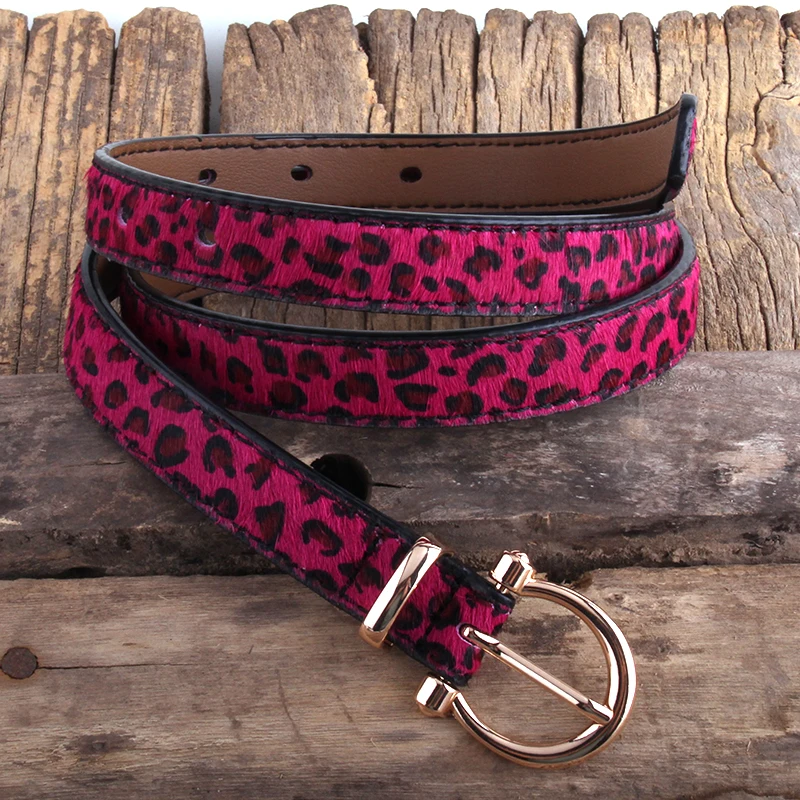 RH Fashion 2cm Hot pink Leopard Spotted Horsehair Leather Belt Pin Buckle Woman Cowskin Leopard Belts Women Accessory Gift