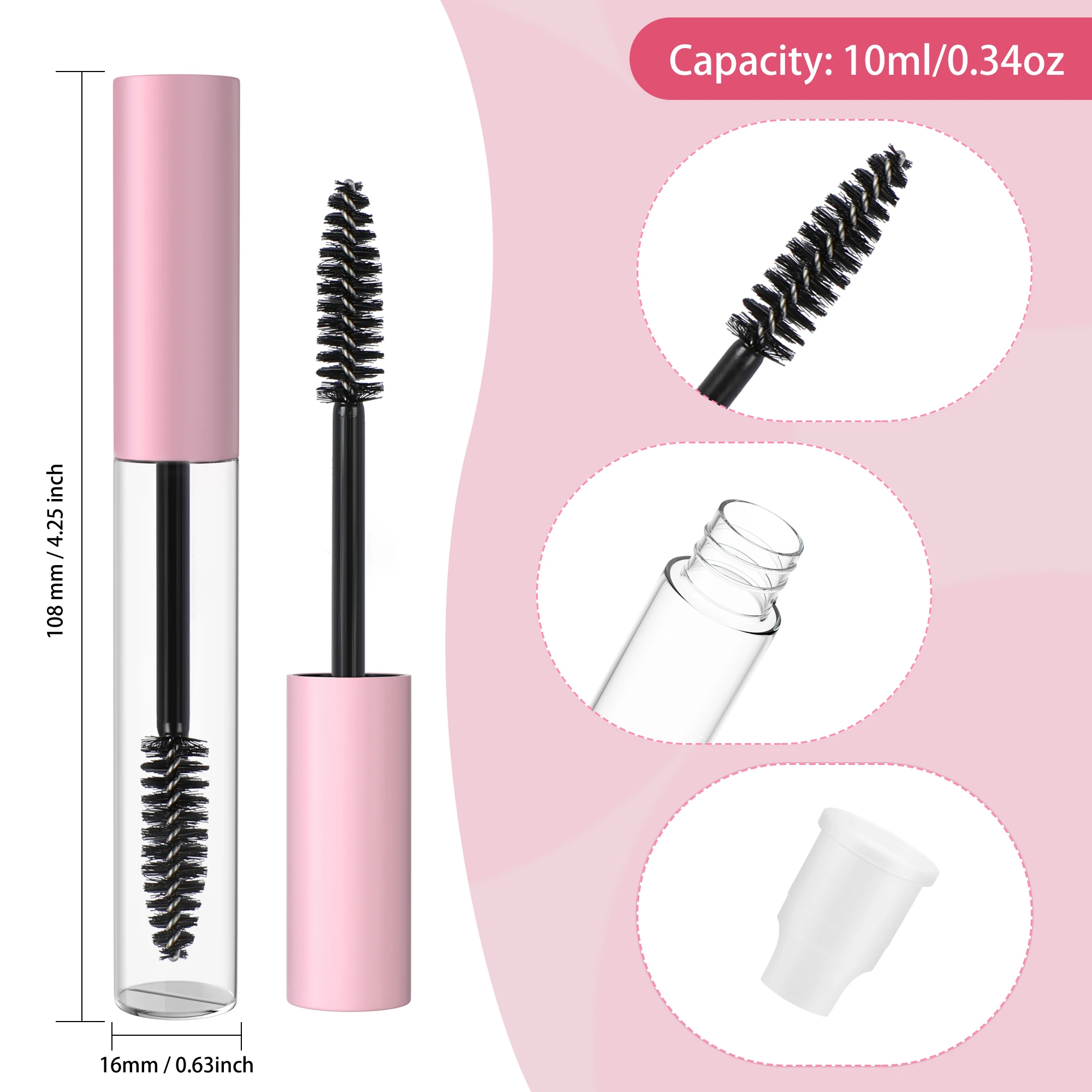 5 PCS 10ML Mascara Tubes Empty Eyelash Cream Refillable Bottles Pink/White Cosmetic Sample Container with Eyelash Brush Stick