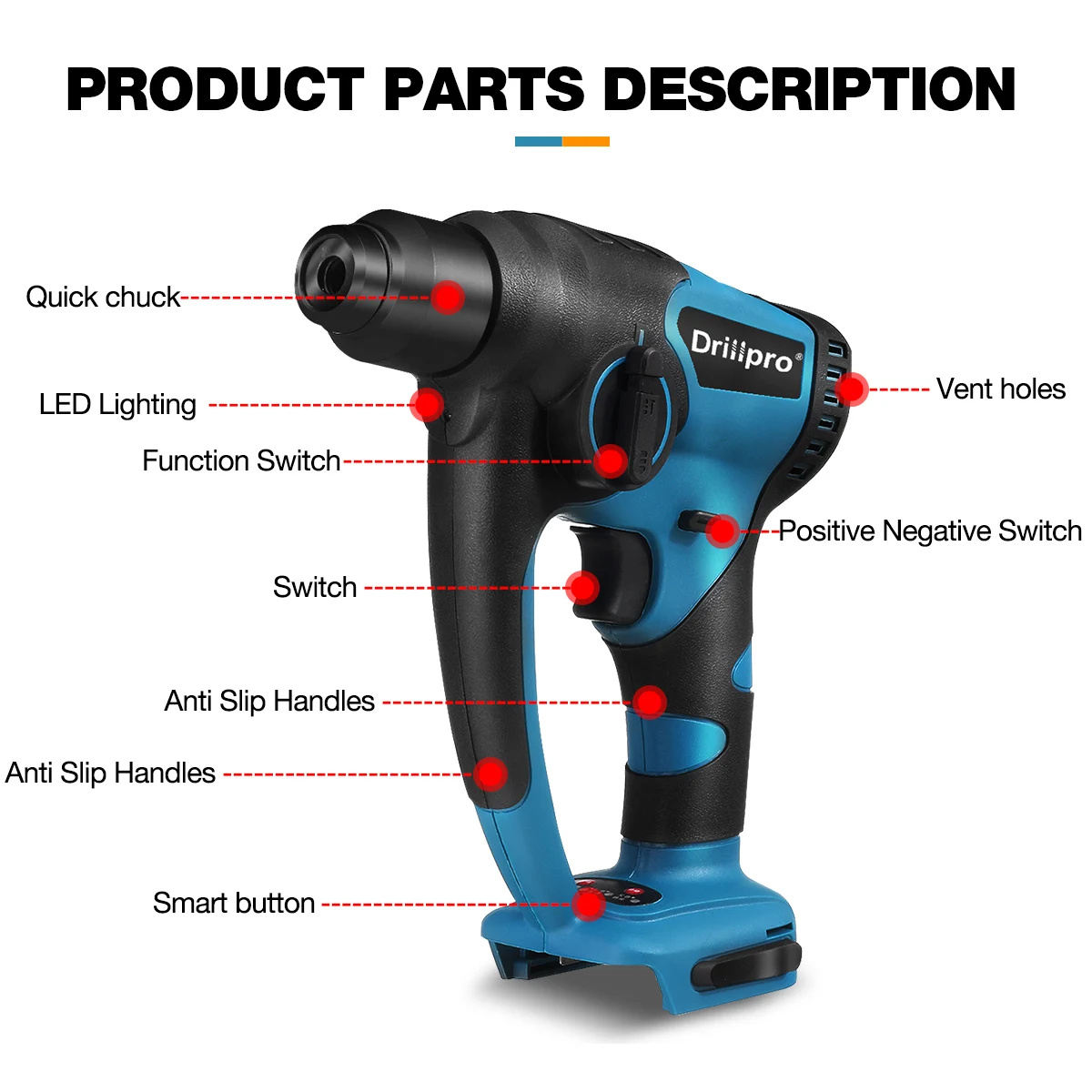 Imagem -03 - Drillpro-brushless Cordless Furadeira Elétrica Martelo de Demolição Furadeira Elétrica Ferramenta Rotativa para Makita Bateria 18v