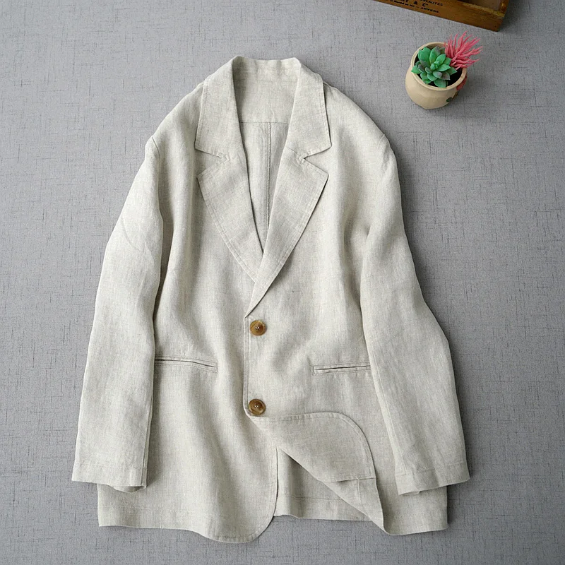 110-114cm Bust / Spring Autumn Women Casual All-match Loose Japanese Style Brief Comfortable Water Washed Linen Blazer Coats