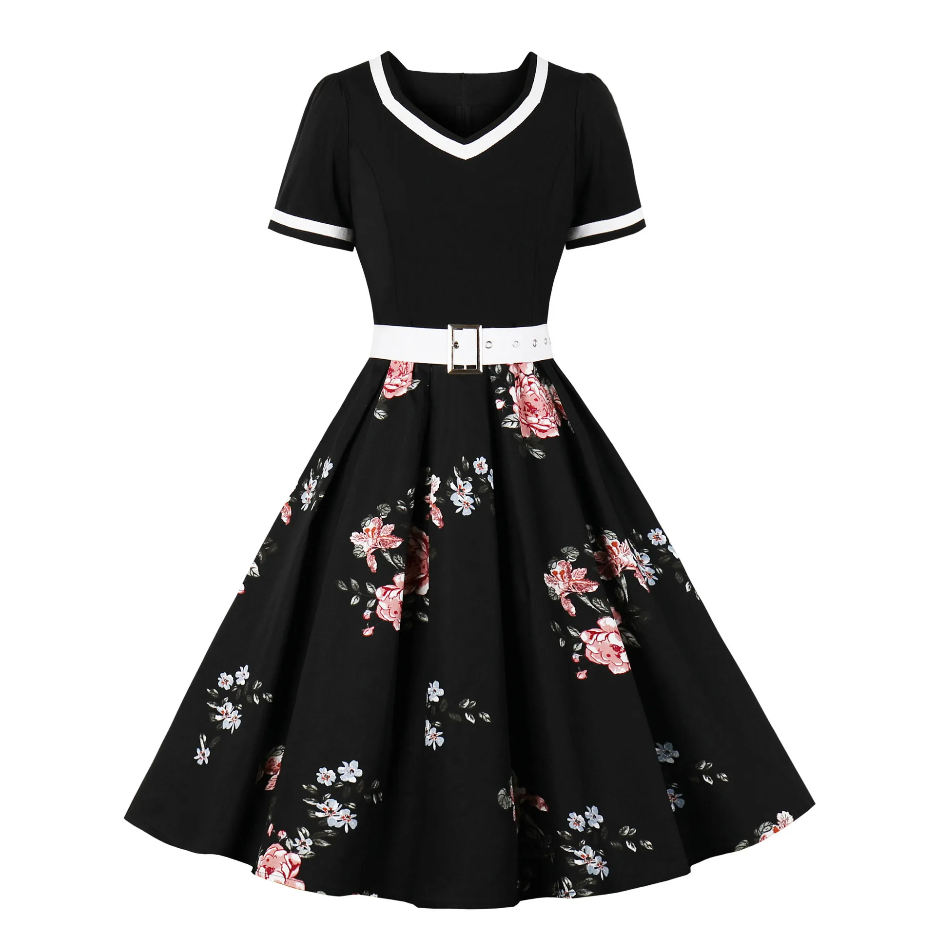 4XL Black Pink Vintage Dress Rockabilly Robe Belt Women Polka Dot Print  V-Neck Short Sleeve Hepburn Pin Up 60s 50s Party Vestido - AliExpress  200000345