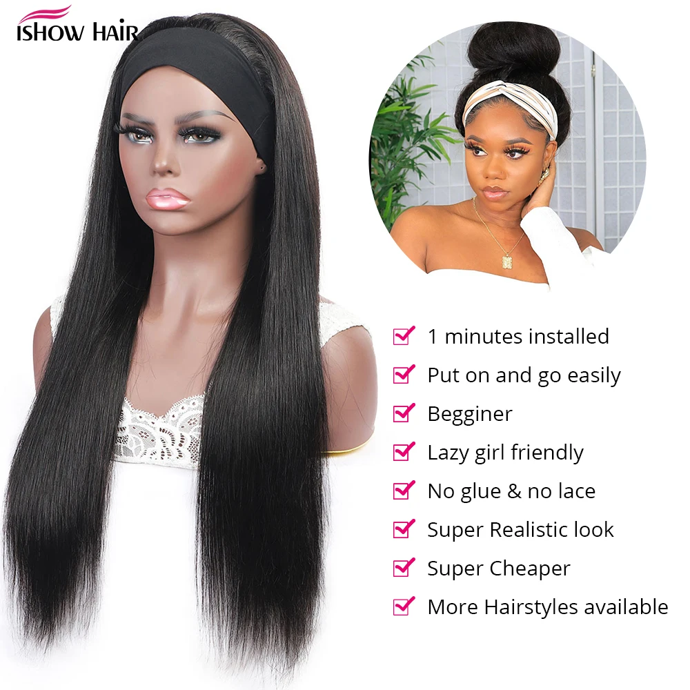 Ishow Headband Wig Human Hair Wigs For Black Women Full Machine Made Wig Brazilian Virgin Bone Straight Hair Scarf Wig